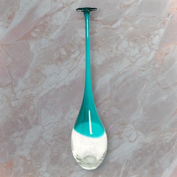 Vintage Murano Style Art Glass Vase Teal Over Clear 16" Long Neck Sommerso Blue - Picture 3 of 8